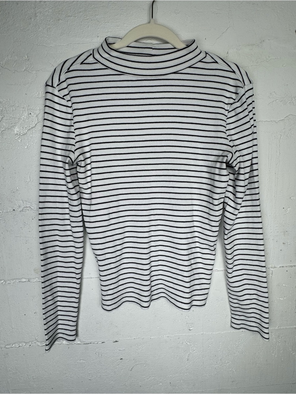 Pact Women's Large Favorite Rib Mockneck Top White Black Striped Long Sleve
